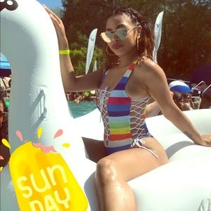 One piece, lace up bathing suit